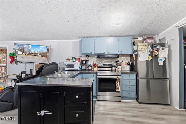 kitchen with a textured ceiling, sink, light wood-type flooring, and stainless steel appliances