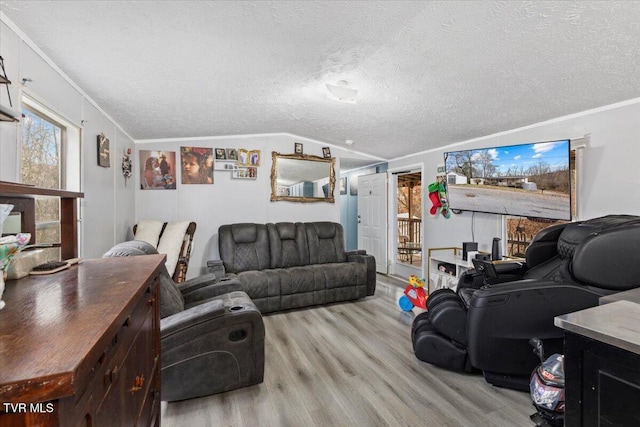 living room featuring a textured ceiling, light hardwood / wood-style floors, lofted ceiling, and crown molding