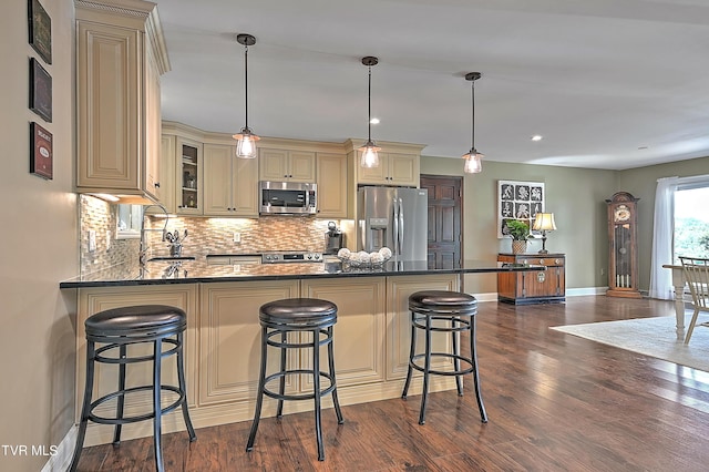 kitchen with hanging light fixtures, sink, stainless steel appliances, and dark hardwood / wood-style floors