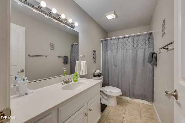 full bath with curtained shower, vanity, toilet, and tile patterned floors