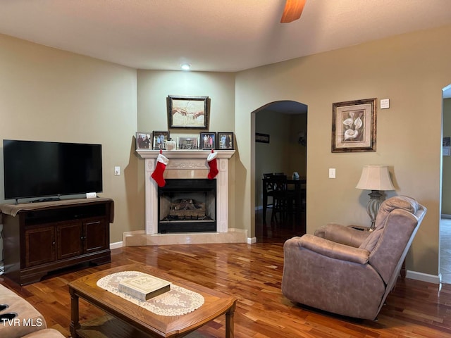 living room with ceiling fan and hardwood / wood-style floors