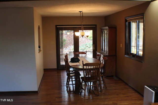 dining area with a chandelier, dark hardwood / wood-style floors, and a healthy amount of sunlight