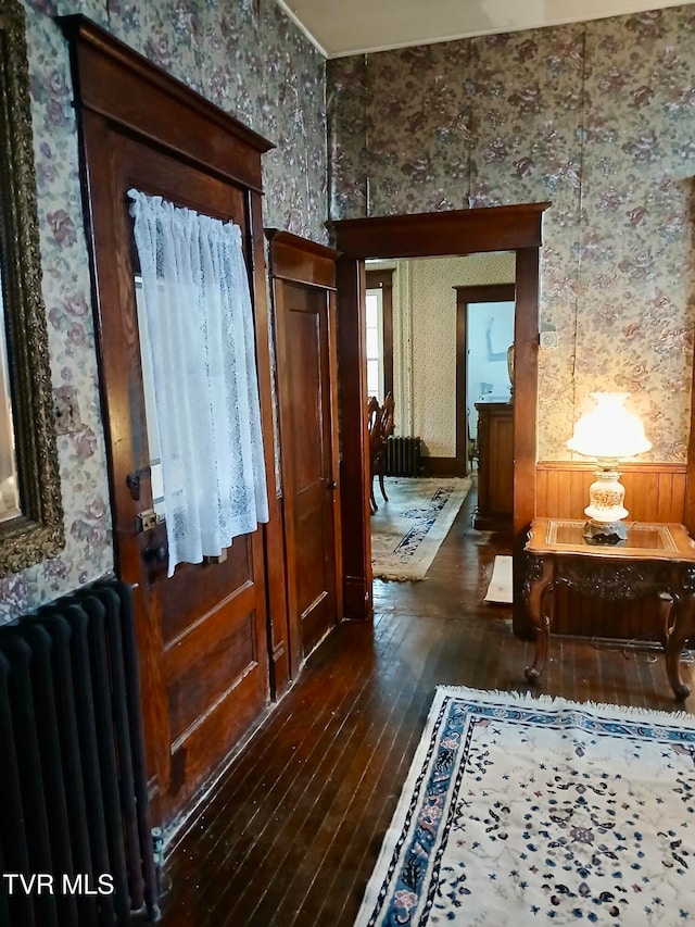 entryway with radiator and dark hardwood / wood-style flooring