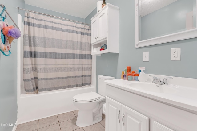 full bathroom with shower / tub combo, a textured ceiling, vanity, tile patterned flooring, and toilet