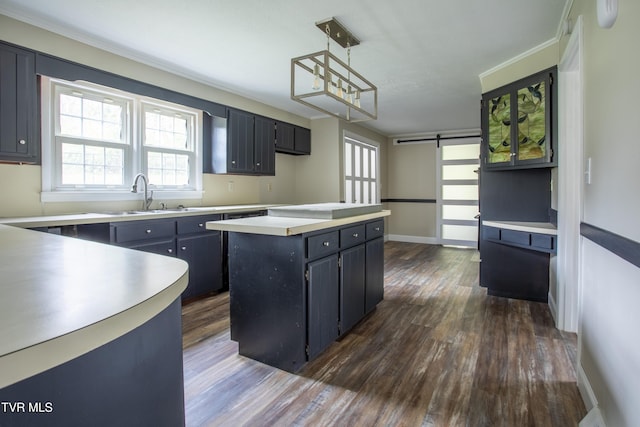 kitchen with dark wood-type flooring, sink, hanging light fixtures, a barn door, and a kitchen island