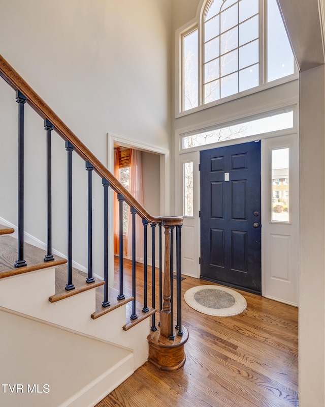 foyer entrance featuring a towering ceiling, hardwood / wood-style flooring, and a wealth of natural light