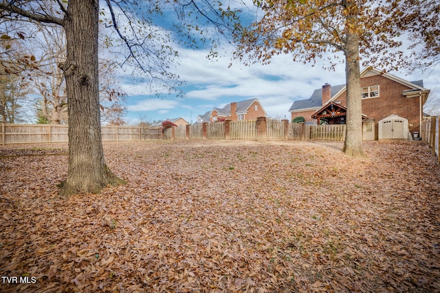 view of yard featuring a storage shed