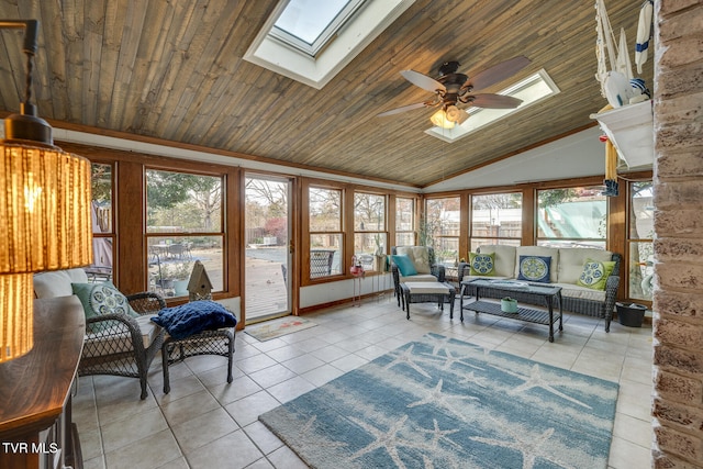 sunroom featuring ceiling fan, vaulted ceiling with skylight, and wood ceiling