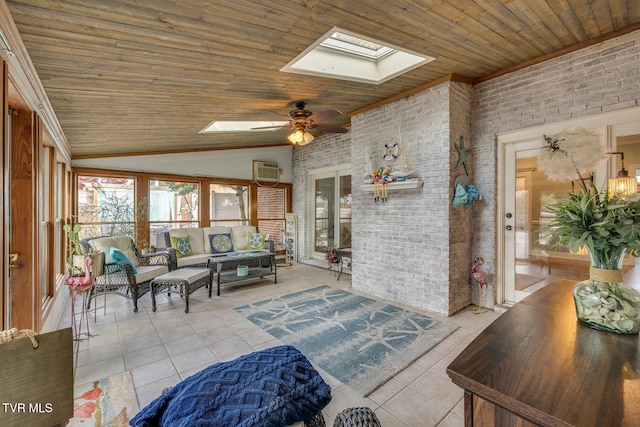 sunroom / solarium with a wall mounted AC, lofted ceiling with skylight, ceiling fan, and wood ceiling