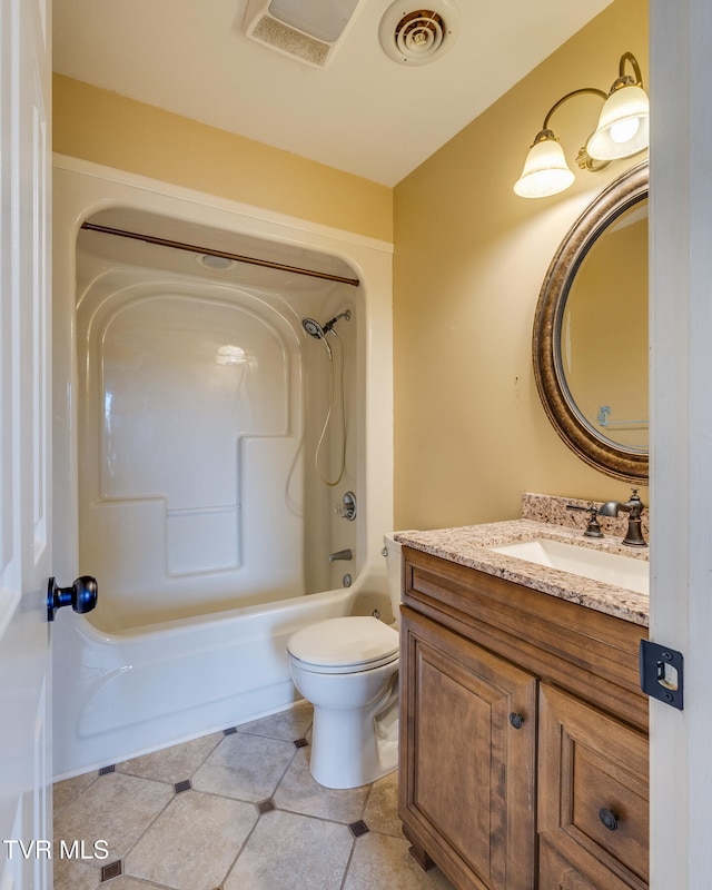 full bathroom featuring tile patterned flooring, vanity, toilet, and tub / shower combination