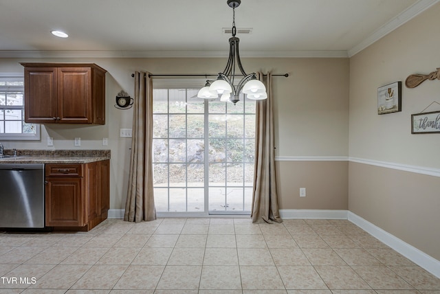 kitchen with a notable chandelier, dishwasher, decorative light fixtures, and a wealth of natural light