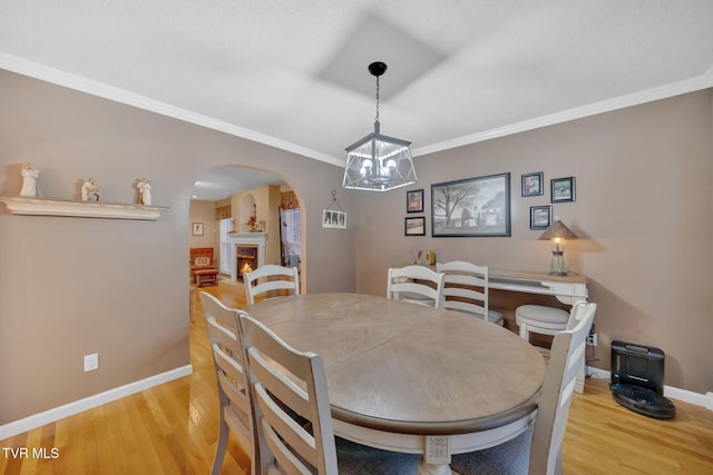 dining room with crown molding and light hardwood / wood-style flooring