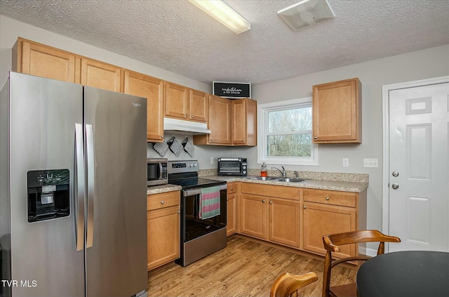 kitchen with sink, stainless steel appliances, a textured ceiling, and light hardwood / wood-style flooring