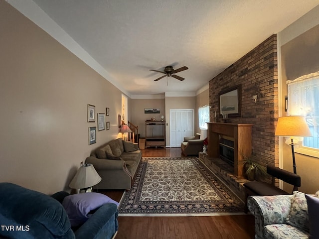 living room with a wealth of natural light, a fireplace, and dark wood-type flooring