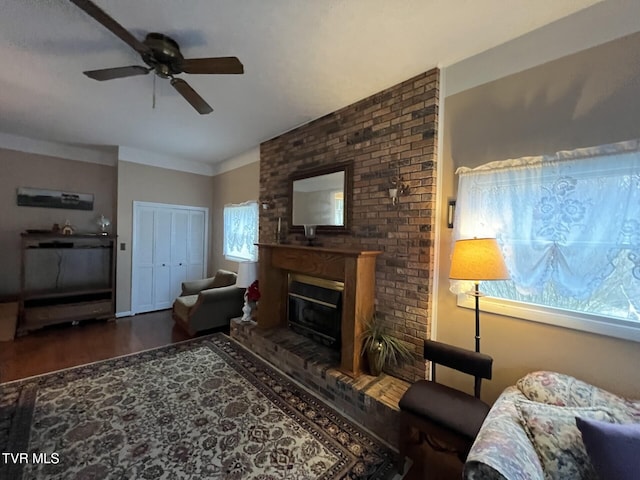 living room with ceiling fan and dark wood-type flooring