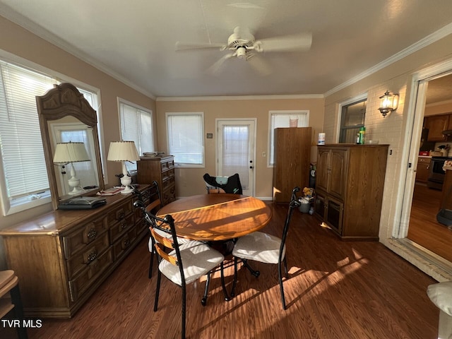 dining room with dark hardwood / wood-style floors, ceiling fan, and crown molding