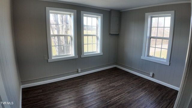 empty room featuring a healthy amount of sunlight, ornamental molding, and dark wood-type flooring