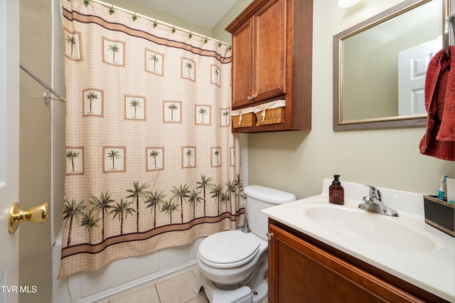 full bathroom featuring vanity, tile patterned floors, toilet, a textured ceiling, and shower / tub combo with curtain