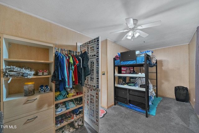 walk in closet with ceiling fan and carpet floors