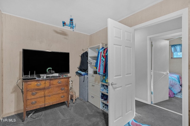 carpeted bedroom featuring ornamental molding