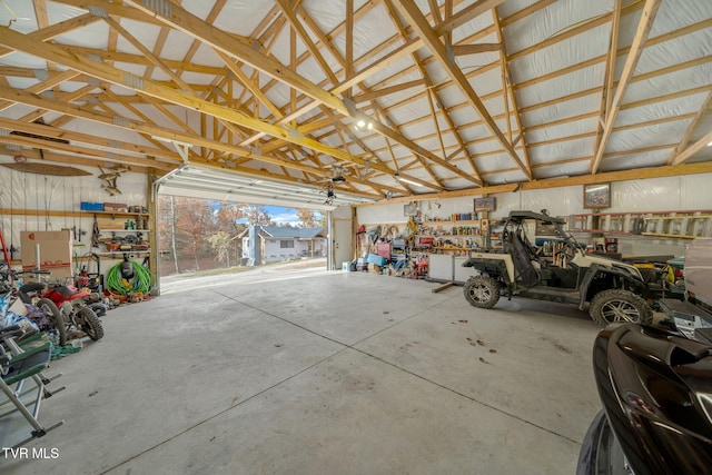 garage with a workshop area