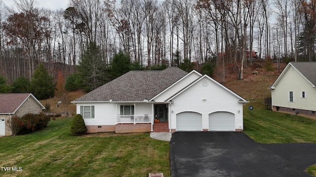 single story home featuring a front lawn, a porch, and a garage