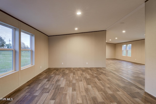 spare room with wood-type flooring and ornamental molding