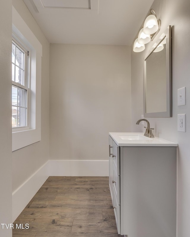 bathroom featuring hardwood / wood-style flooring and vanity