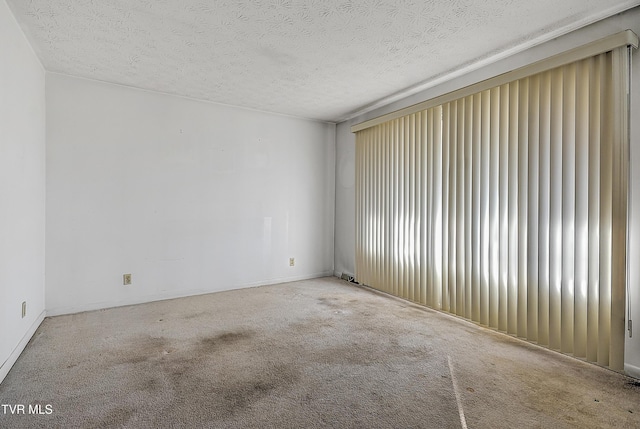 empty room featuring a textured ceiling and light colored carpet