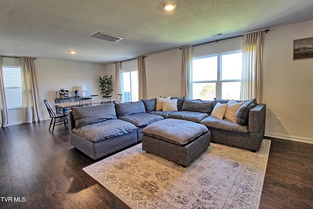 living room featuring wood-type flooring and a textured ceiling