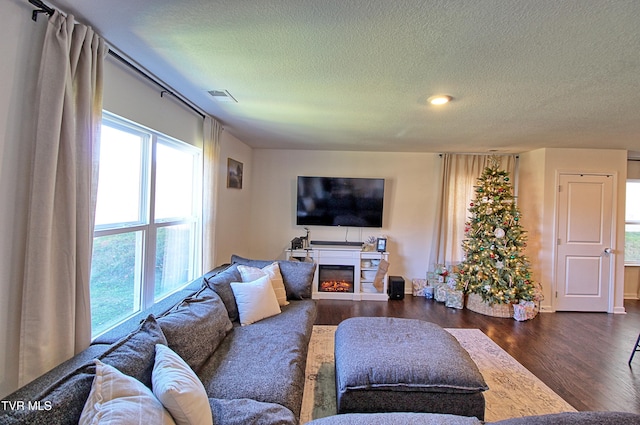 living room with dark hardwood / wood-style flooring and a textured ceiling