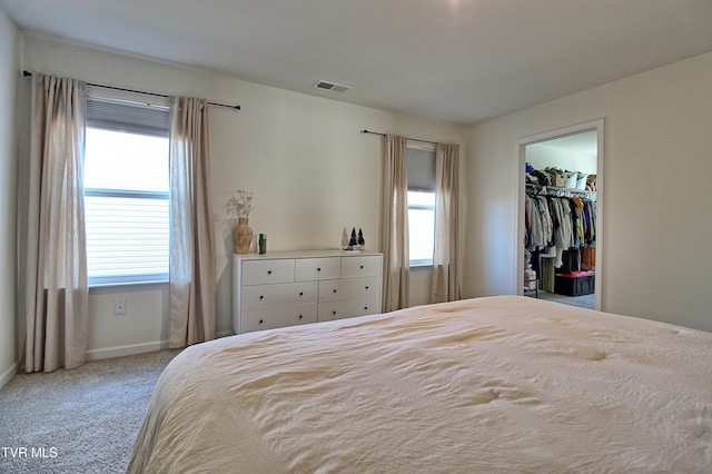 carpeted bedroom with a walk in closet and a closet