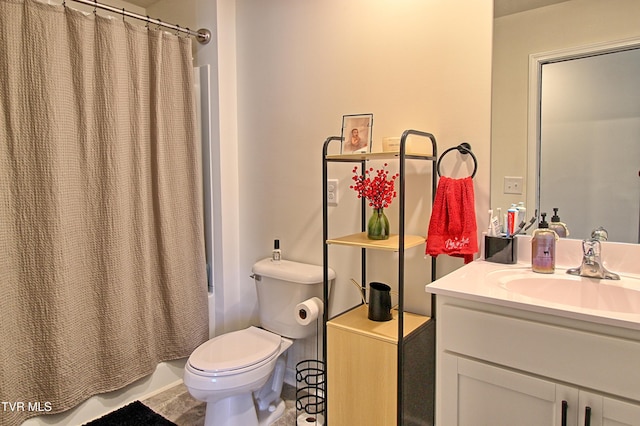 full bathroom featuring tile patterned floors, vanity, shower / bath combination with curtain, and toilet