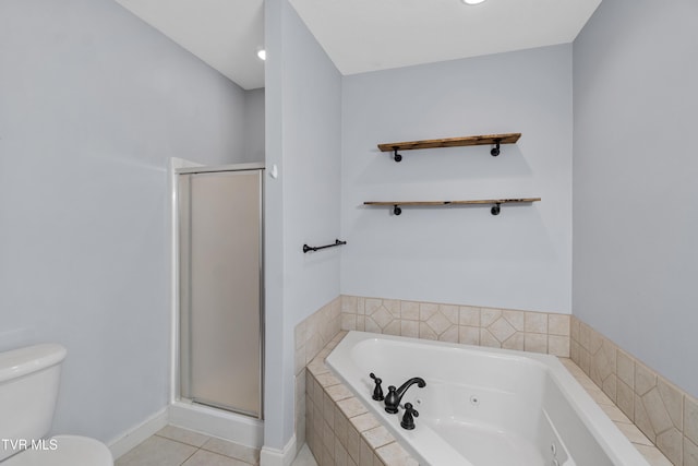 bathroom with tile patterned flooring, separate shower and tub, and toilet
