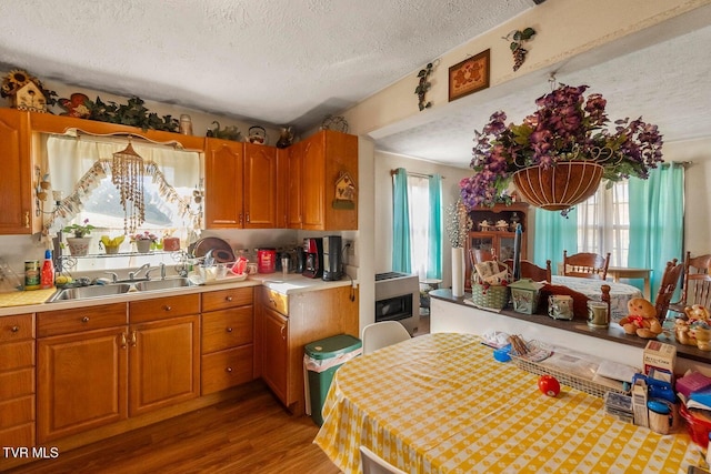 kitchen with a textured ceiling, wood-type flooring, and sink