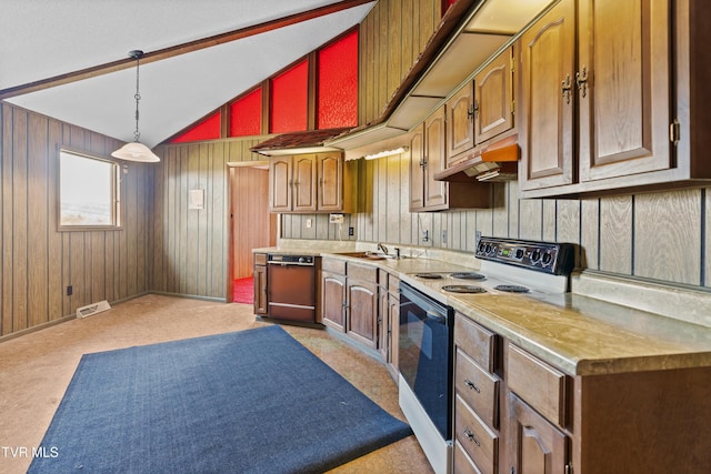 kitchen with light carpet, decorative light fixtures, dishwasher, white electric range, and lofted ceiling