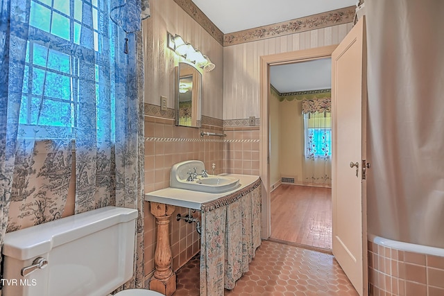 bathroom with plenty of natural light, toilet, wood-type flooring, and sink