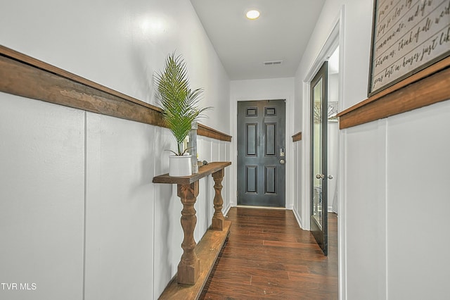 interior space with dark wood-type flooring