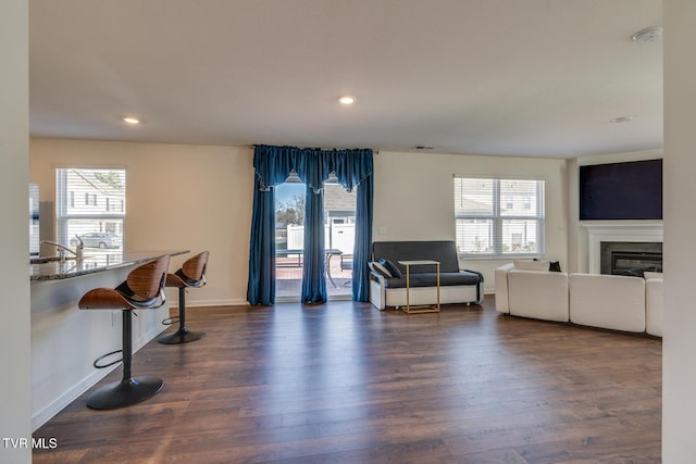 living room with dark wood-type flooring and sink