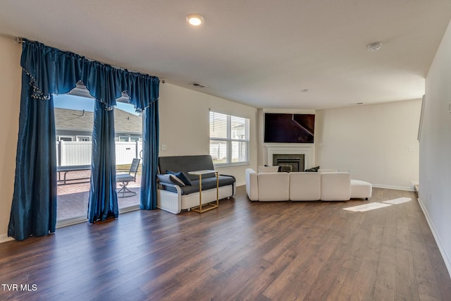 living room featuring dark wood-type flooring