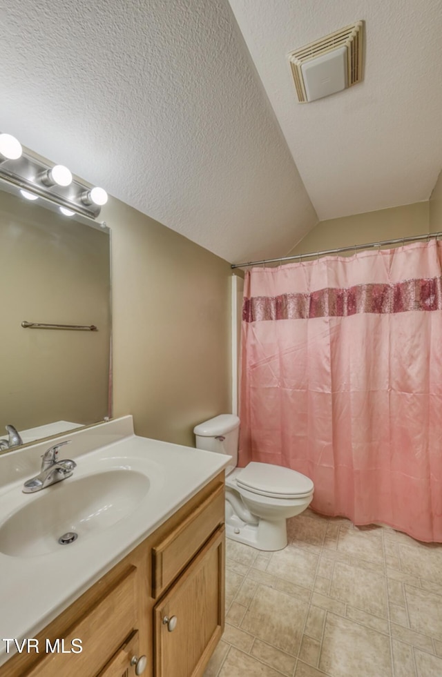 1505 Kensington Pl Unit 1505, Johnson City, TN 37615 - bathroom featuring vanity, toilet, a textured ceiling, vaulted ceiling, and a shower with curtain