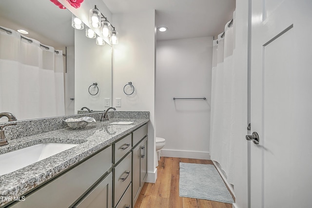 bathroom with vanity, hardwood / wood-style flooring, and toilet