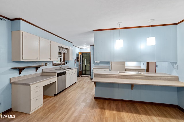 kitchen with stainless steel dishwasher, white refrigerator, decorative light fixtures, light hardwood / wood-style floors, and white cabinetry