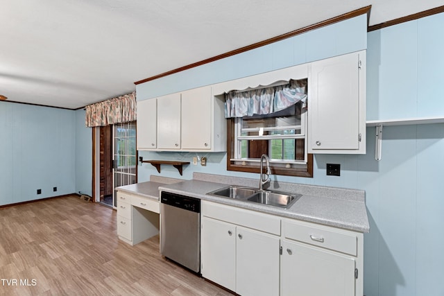 kitchen with white cabinets, crown molding, sink, stainless steel dishwasher, and light wood-type flooring