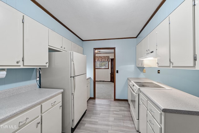 kitchen with white cabinetry, light hardwood / wood-style floors, a textured ceiling, white appliances, and ornamental molding