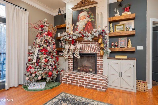 living room with hardwood / wood-style floors, ornamental molding, and a fireplace