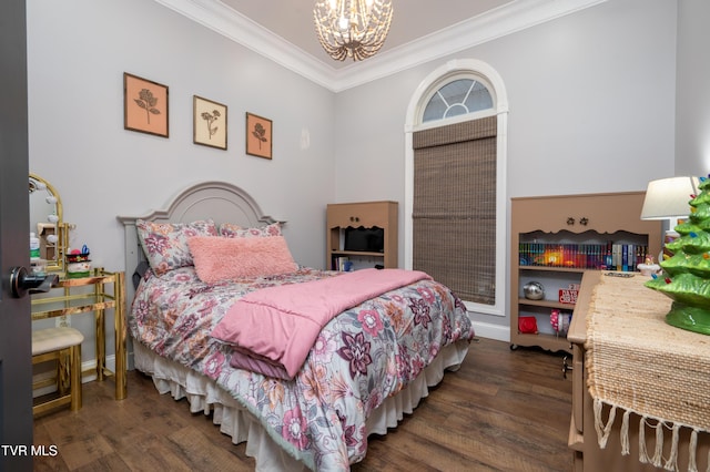 bedroom with a chandelier, dark hardwood / wood-style flooring, and ornamental molding