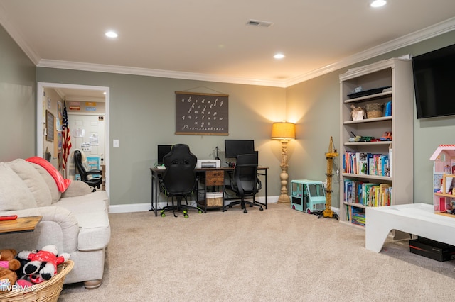 office area featuring light colored carpet and ornamental molding