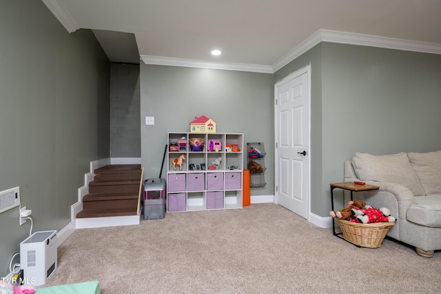 playroom with carpet floors and ornamental molding