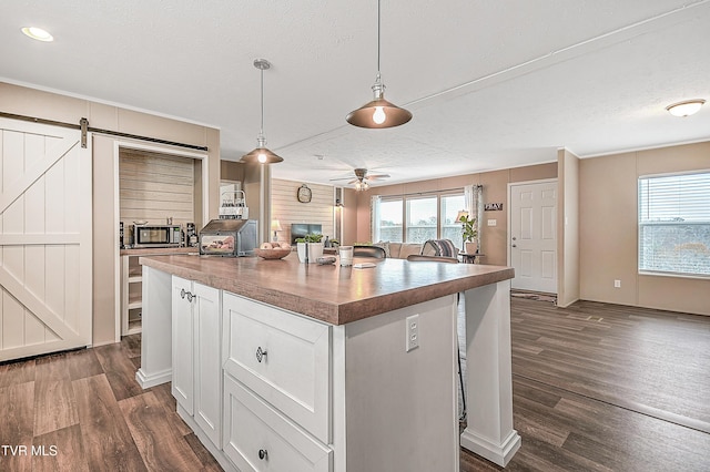 kitchen featuring hanging light fixtures, a kitchen island, a healthy amount of sunlight, a barn door, and white cabinets